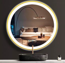 24 Inch Gold Bathroom Round LED Mirror with Lights Gold Frame Round Lighted Mirror for Bathroom Wall