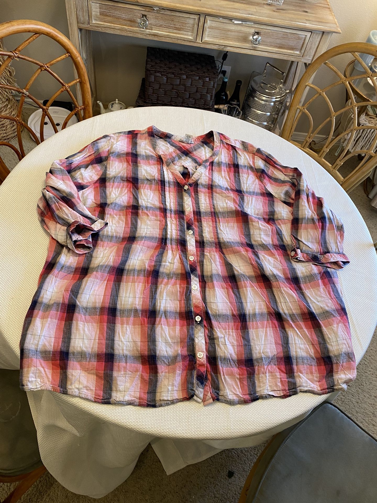 Catherine’s plaid short sleeve cotton blend blouse plus size 5X western grunge