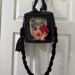 Black Crocheted Handbag with Woman Pomegranate Graphic