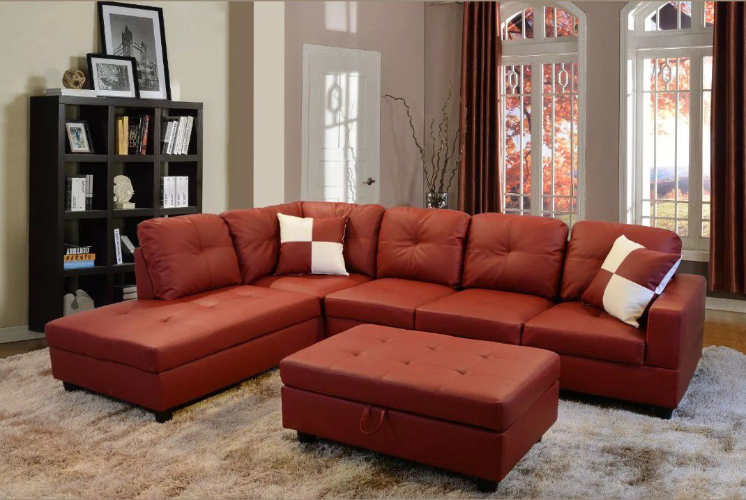 Red faux leather Sectional W/ Ottoman