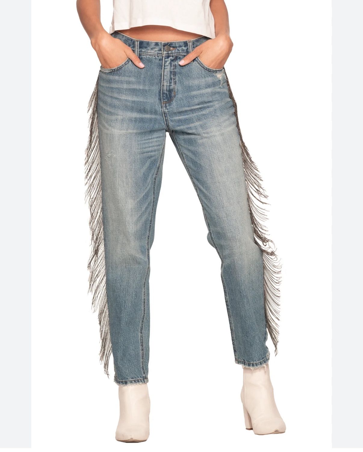 Anthropologie Blue Revival High Waist Beaded Fringe Cropped  Party Jeans  Sz 30