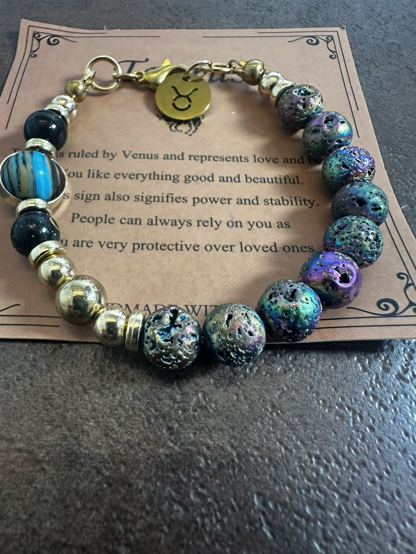 Taurus Beaded Bracelet with Gold Charm