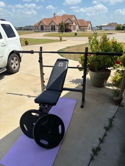 BENCH AND Two 45 plates and BARRBE