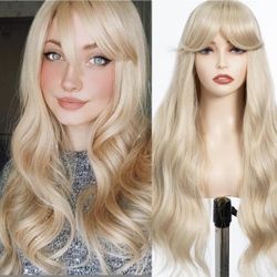 Human hair blend blonde wig with bang.