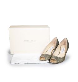 Jimmy Choo Gold Glitter Peep Toe Heels (size 37/US7)