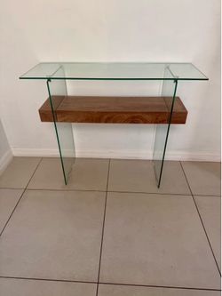 Modern Glass Console Table with Wood Storage Shelf - Like New!