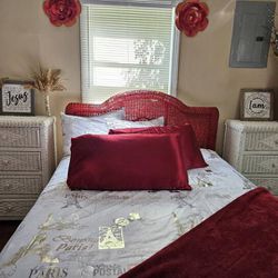 White Wicker Queen Bed & Chests