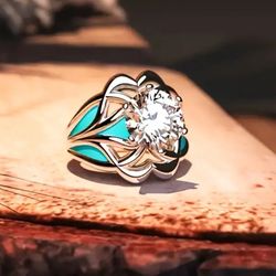 Elegant Vintage Style Turquoise & Silver Tone  Ring 