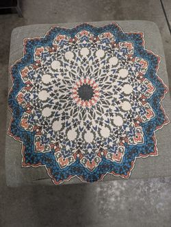 Decorative Upholstered Ottoman with Medallion Pattern and Nailhead Trim