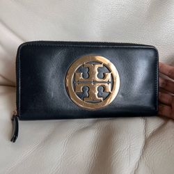 Tory Burch Black Leather Charlie Zip Continental Wallet Rare Gold Lux Logo