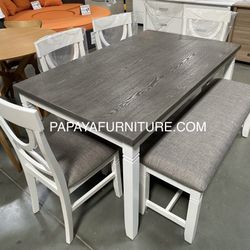 New! 6pcs White Rustic Dining Set, Dinette Set, Kitchen Table And Chairs, Table, Chairs, Bench, Casual Dining Set, Rectangular Dining Table, Dining Ro