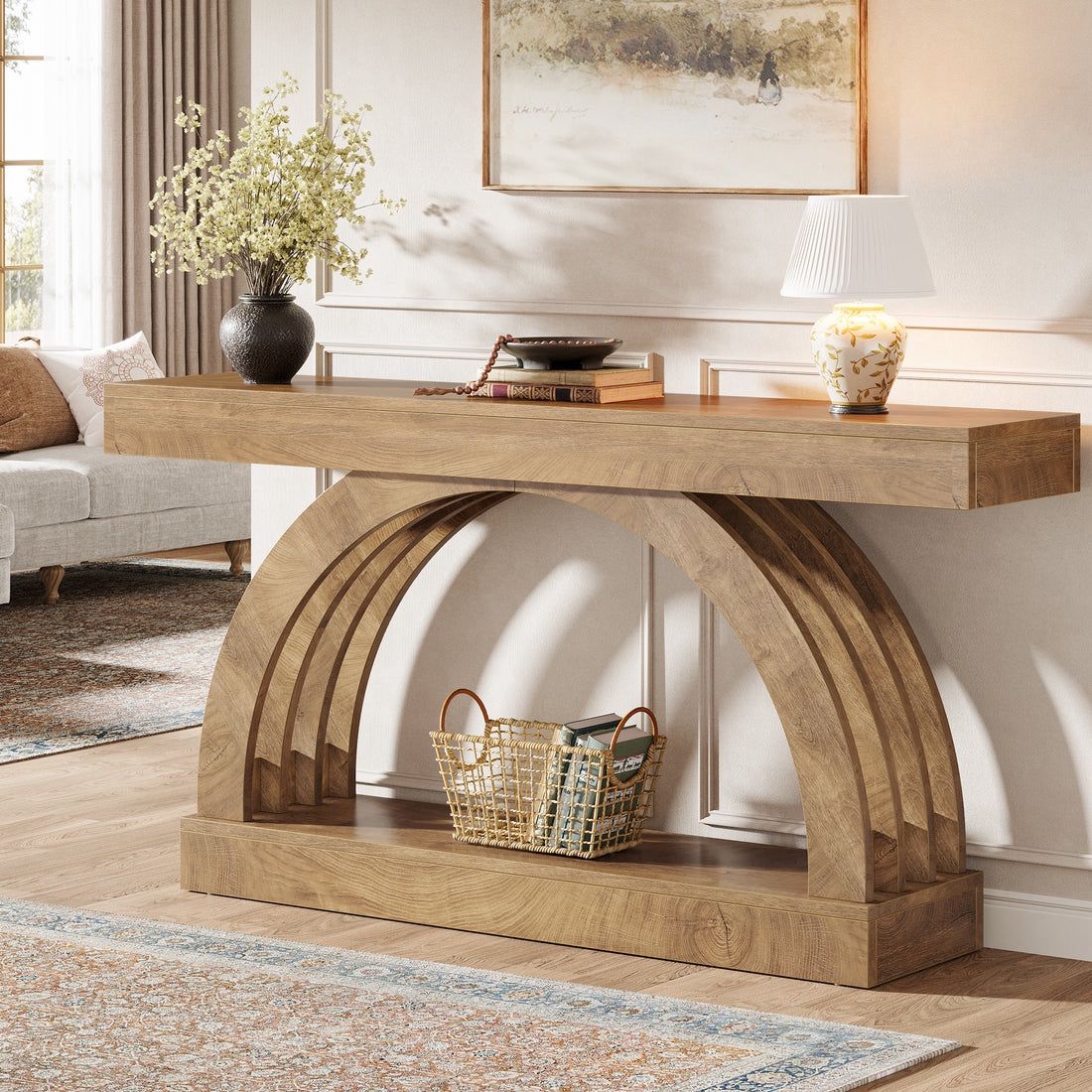 Home › Console Tables › 2-Tier Console Table, 63" Unique Arched Sofa Table Behind The Couch
