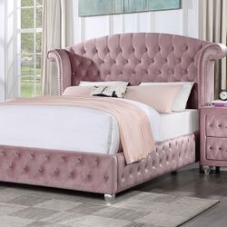 Full Pink Velvet Bed Frame W/ Acrylic Buttons Brand New In Box