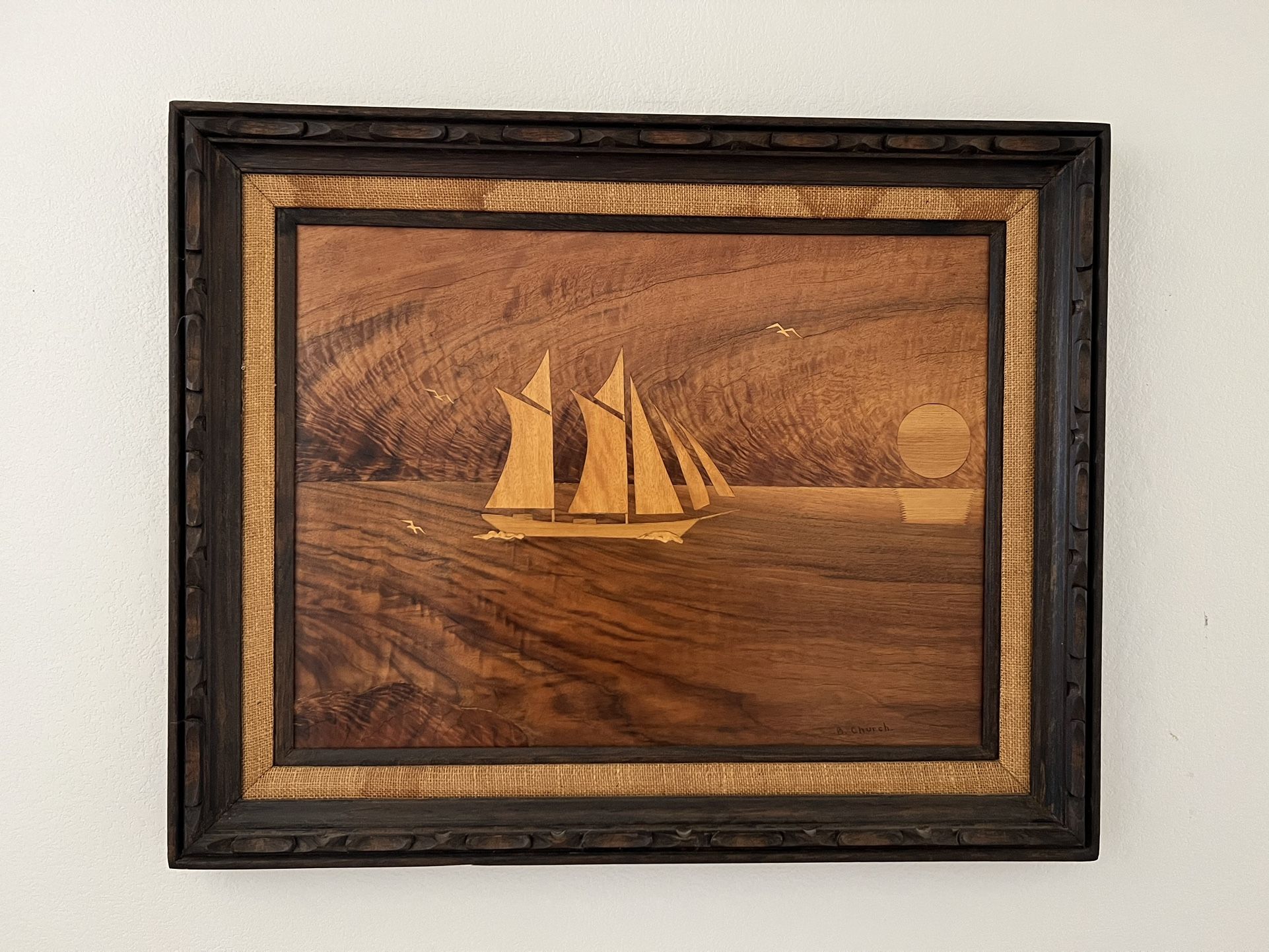 Mid 20th Century Handmade Marquetry In Wood Frame