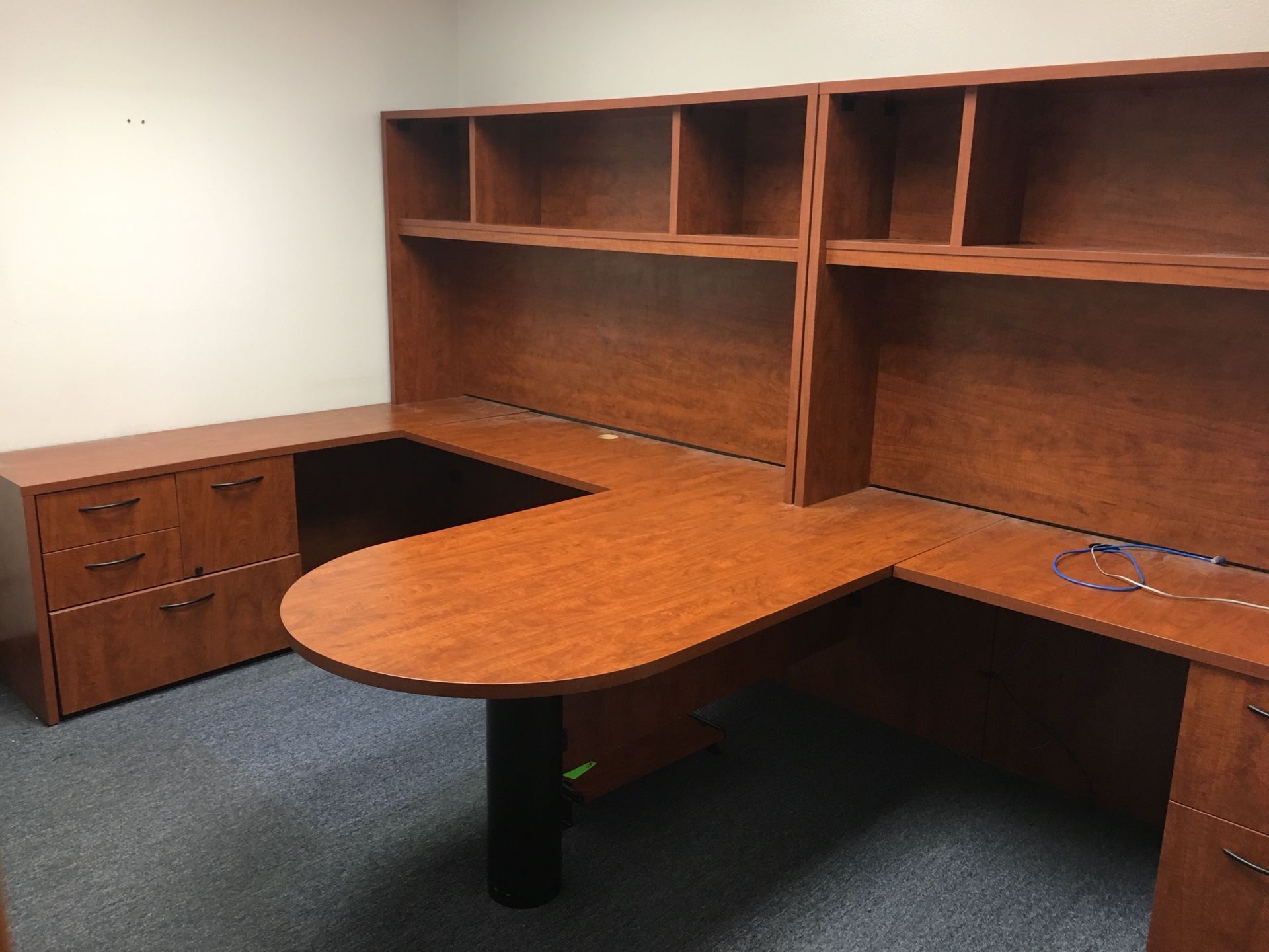 Cherry Laminate 2 Person Peninsula Workstation w/Hutches