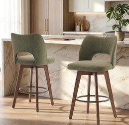 Swivel Bar Stools Set of 2, 26" Seat Height Upholstered Chairs, Green Mid-Century Modern Kitchen Island Stools with Wingback Support, Solid Wood Legs,