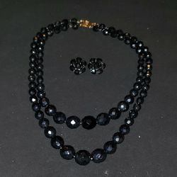 Black Beaded Necklace With Matching Earrings 