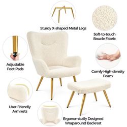 Boucle Fabric Accent Chair and Ottoman Set with Golden Metal Legs