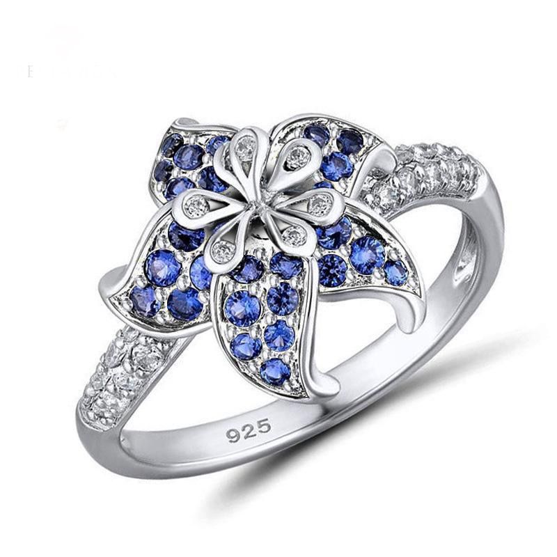 Bella Box S925 Floral Ring w/ clear & blue sapphire crystals sz 6