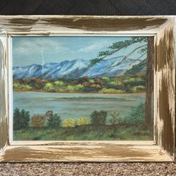 Antique c1963 Pastoral Mountain Lake Oil Painting signed "S. E. Abbott"