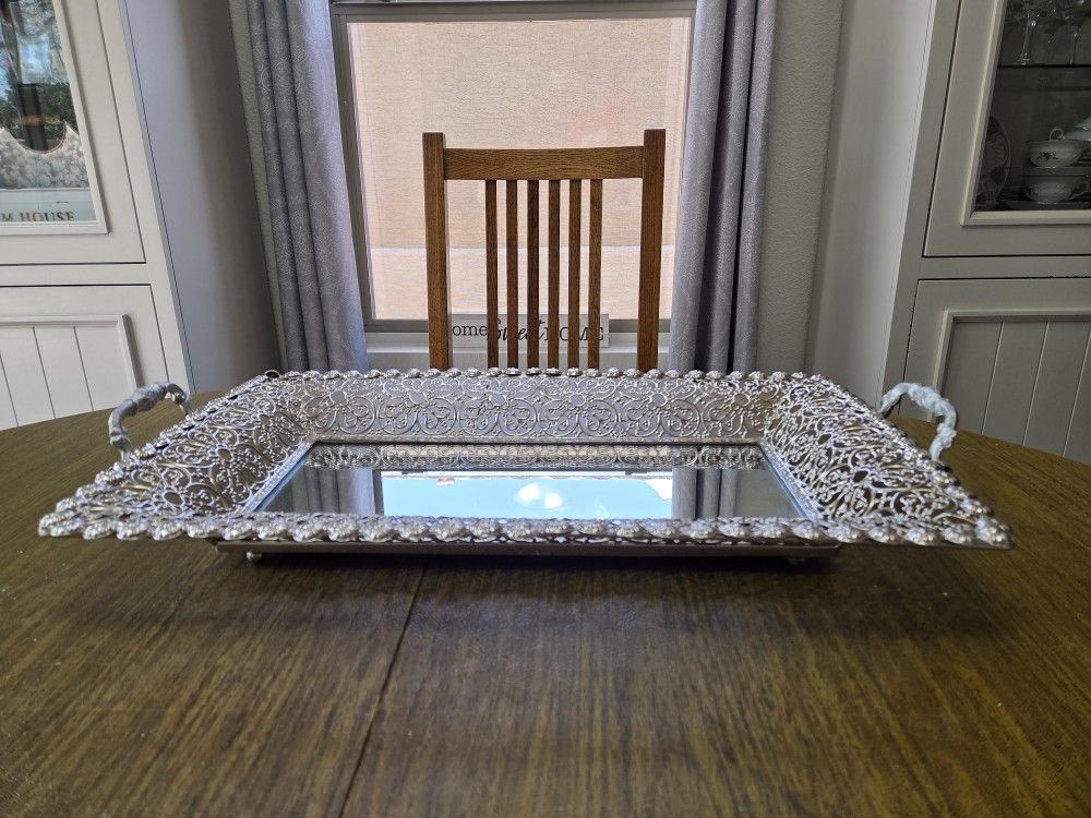 Mid 20th Century Large Hollywood Regency Silver Filigree Mirrored Vanity Tray