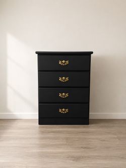 Refinished Matte Black Solid Wood 4-Drawer Dresser - Vintage Brass Hardware