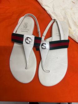 Gucci Toddler Girl White Leather GG Silver Logo Wed Thong SlingBack 340836 Sz 33