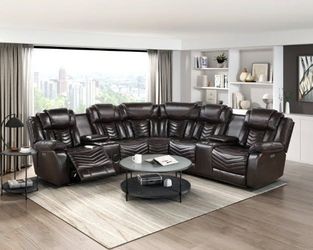 Stylish 3 Pc Brown Power reclining sectional w/LED light & Speakers