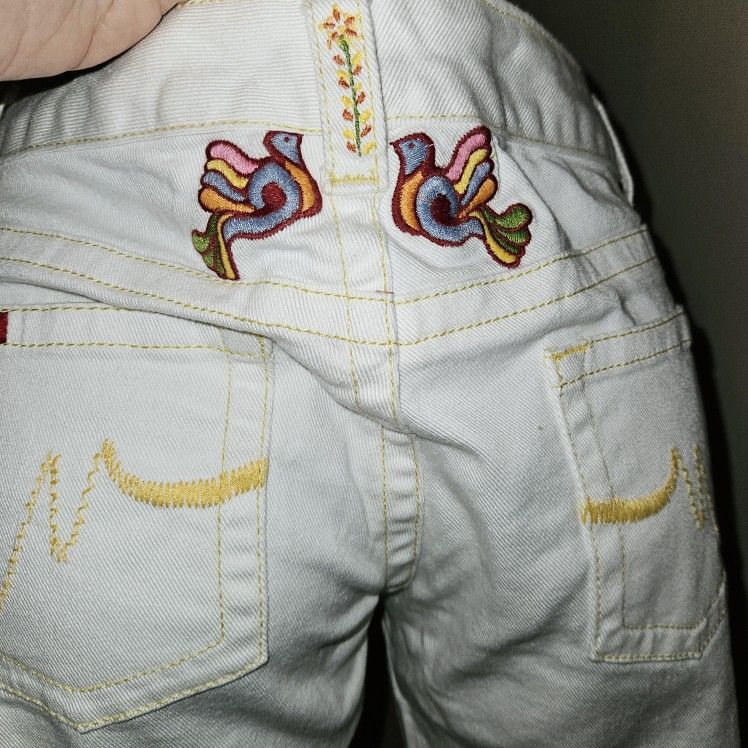 Vintage U.S. Polo Assn. Embroidered Floral Sparrows Butterfly Flared White Jeans