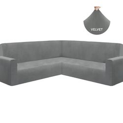 Large Gray Velvet L-Shape Sofa Cover Stretch