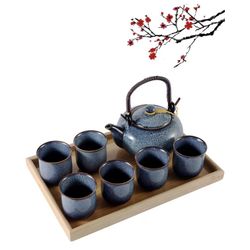 Japanese Tea Set for 6, Kiln Altered Glaze Porcelain Tea Set with 1 Teapot, 6 Tea Cups & 1 Tea Tray