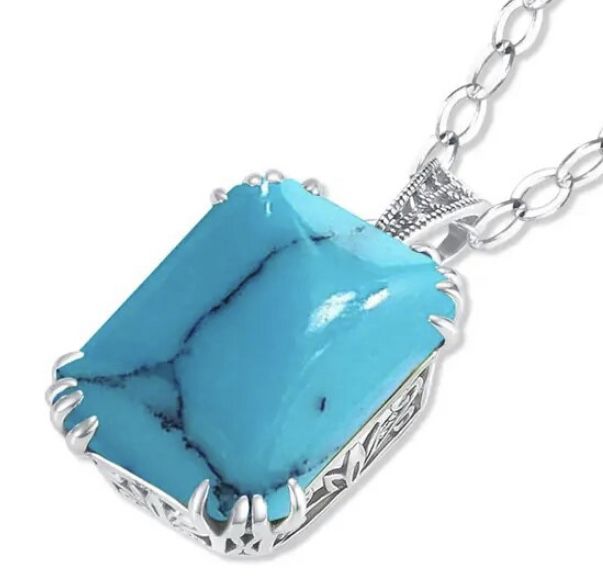 925 Sterling, silver premier, blue turquoise, rectangular pendant necklace