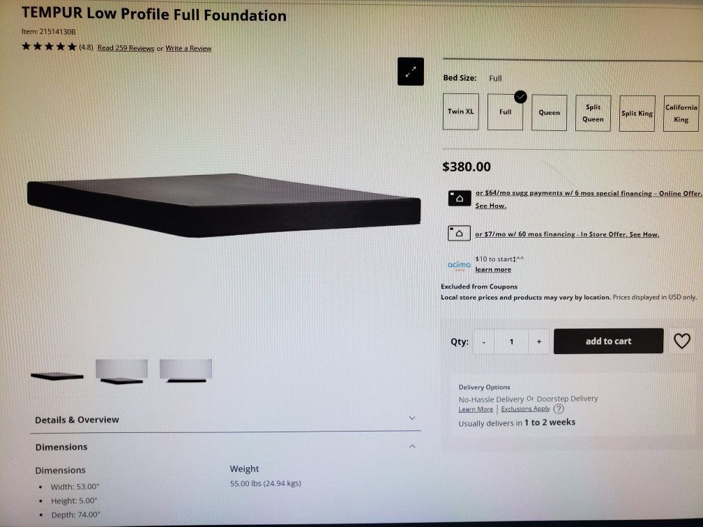 Tempur-Pedic Full Size 5" (same as double) Box Spring Flat (Foundation-Only)