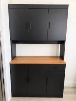 Modern black kitchen pantry hutch with power strip