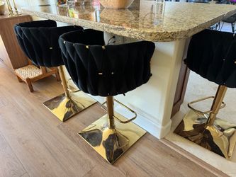 Royal Blue Upholstered Swivel Adjustable Barstools w/ Backrest Gold Base