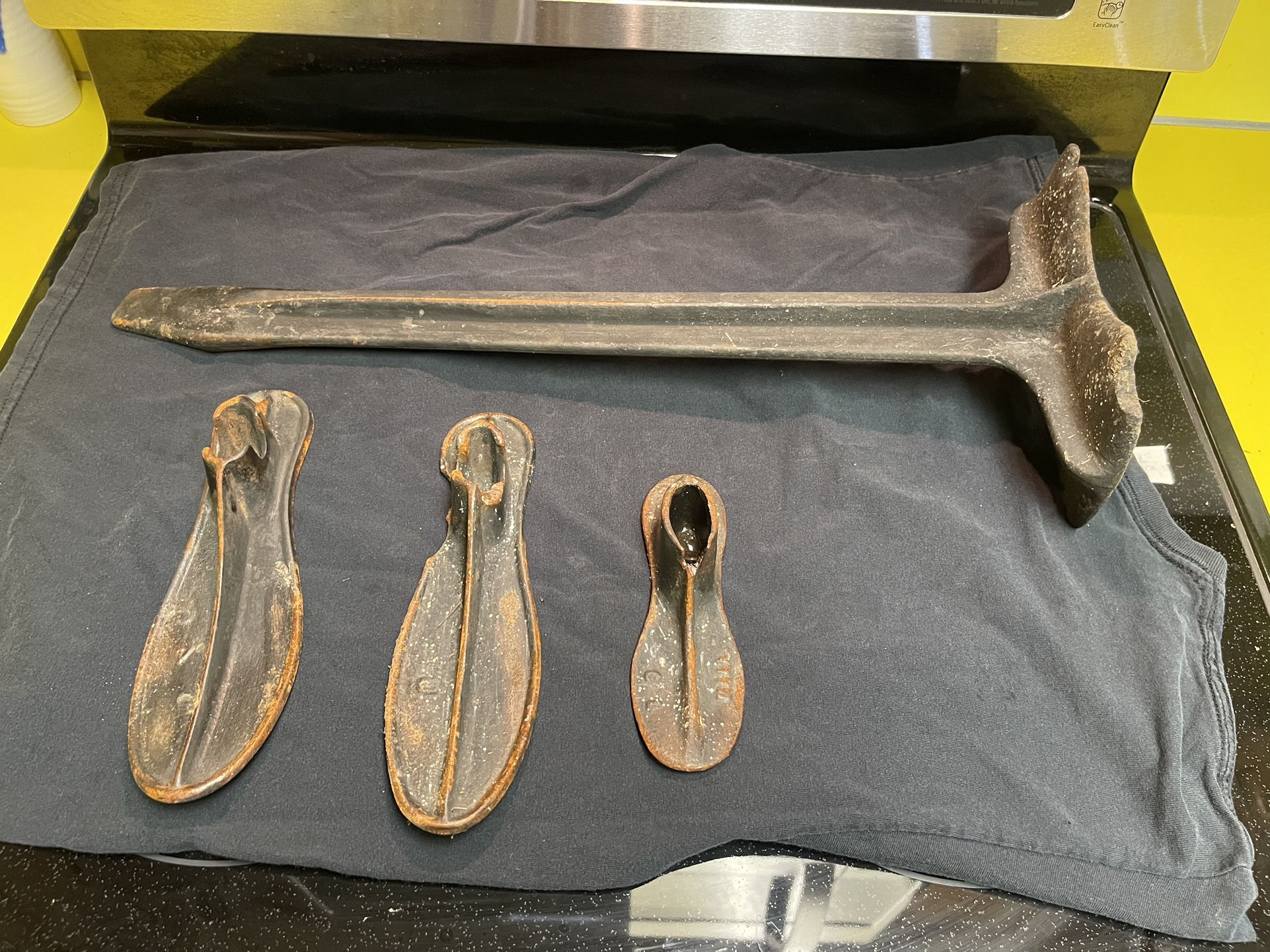 Antique Cobbler Stand, And Three Shoe Anvils