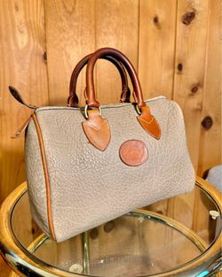 Vintage Dooney & Bourke Boston Purse Taupe Pebbled Leather Tan Trim Duck Logo Made in USA