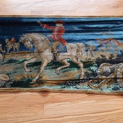 Vintage velvet wall tapestry with fringe. War scene