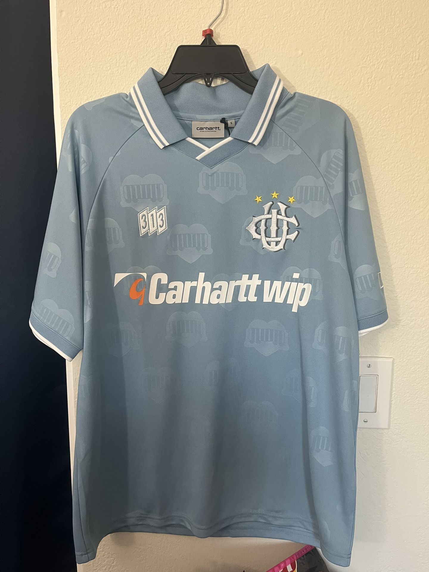 Carhartt WIP Hartts Football Soccer Jersey Light Blue Size S Small Jacquard