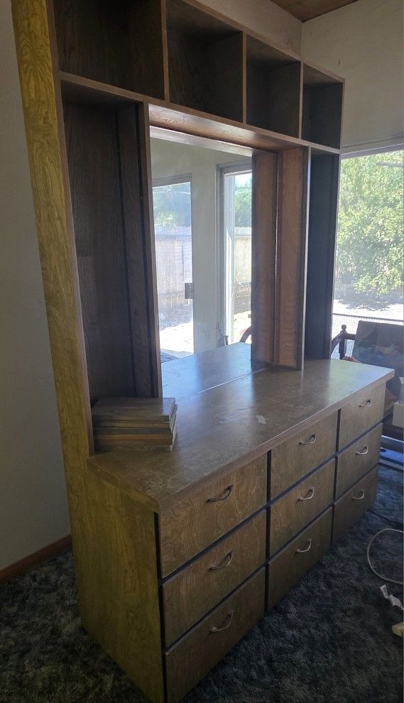 Vintage 9-Drawer Dresser with Shelving & Mirror – Solid Wood