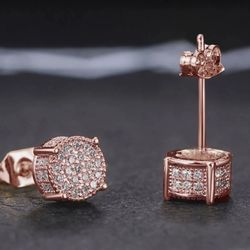 Iced Out Stud Earrings Rose Gold Plated With Cubic Zirconia Hip Hop Jewelry