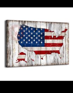 Rustic  Decor Vintage American Flag of US Map Canvas Wall Art  16"L x 12"W