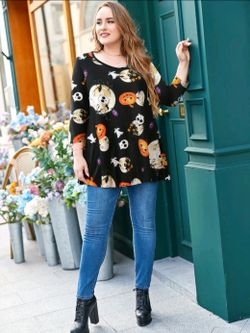 Halloween Women's Plus Size V-Neck 3/4 Sleeve Tunic Skull Moon Bats Size 5X