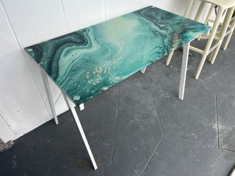 MAYA CAY BLUE GRAPHIC GLASS TOP DESK