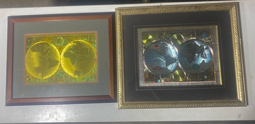 Pair of Vintage Framed Gold Foil World Maps - 17th Century Cartography Reproductions