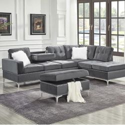 🩶SECTIONAL WITH STORAGE OTTOMAN AND CUP HOLDERS 🖤