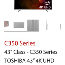 43" television Toshiba flat screen HDTV 4K complete with the remote control and wall mount swivel