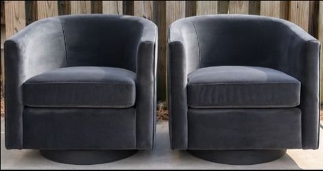 Brand New Pair of Gray Velvet Swivel Barrel Chairs