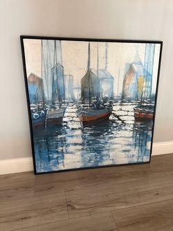 Large Framed mid century vintage Harbor Sailboat Canvas Painting