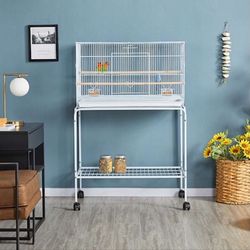 47-in Flight Cage with Rolling Stand for Small Birds Parrots Parakeets Conures, White